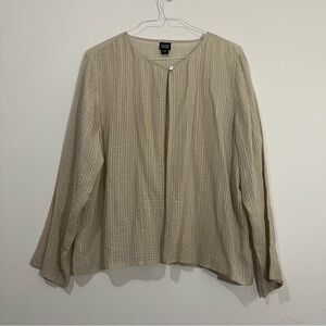 Eileen Fisher Tan 100% Silk Semi-Sheer Windowpane Cardigan Top Sz L Minimalist